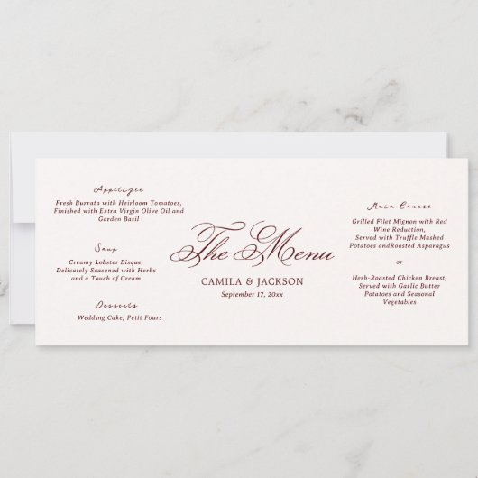 Invitation Ivory and Burgundy Wedding Menu Card (Devant)