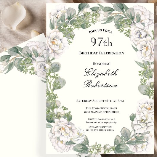 Invitation Ivory and Sage Green Floral 97th Birthday