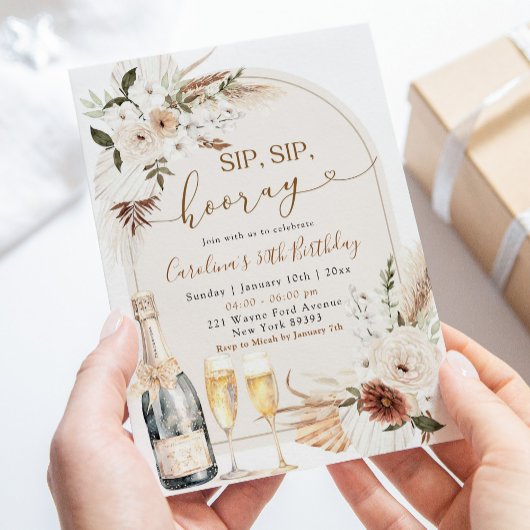 Invitation Ivory Beige Boho Floral Sip Hooray Anniversaire
