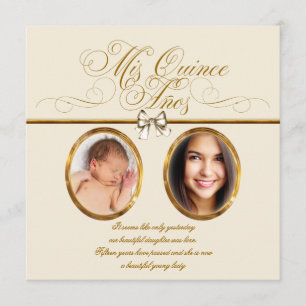 Invitation Ivory Beige Gold Photo Quinceanera