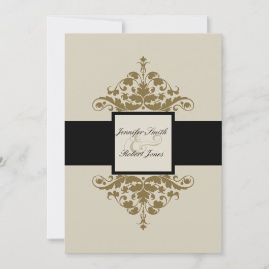 Invitation Ivory Black et Gold Mariage damassé (Devant)