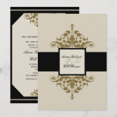 Invitation Ivory Black et Gold Mariage damassé (Devant / Derrière)