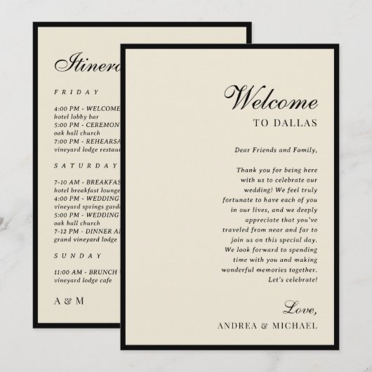 Invitation Ivory & Black Old Money Wedding Itinerary Card (Devant / Derrière)