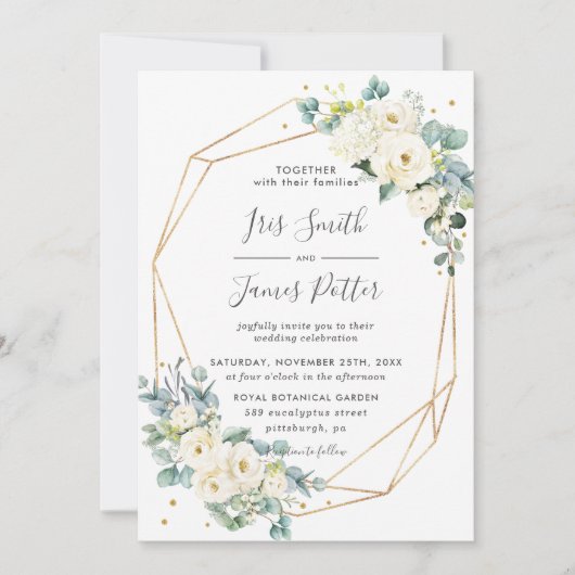 Invitation Ivory Blanc Floral Vert Or Mariage géométrique (Devant)