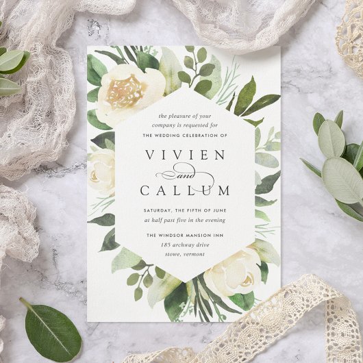 Invitation Ivory Bloom | Mariage de cadre fleuri géométrique