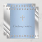 Invitation Ivory Blue Pearl Cross Boy Christening (Devant / Derrière)
