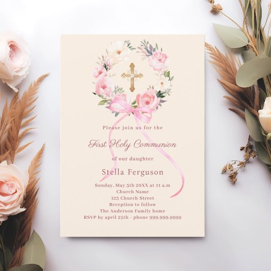 Invitation Ivory blush florals bow cross First Communion