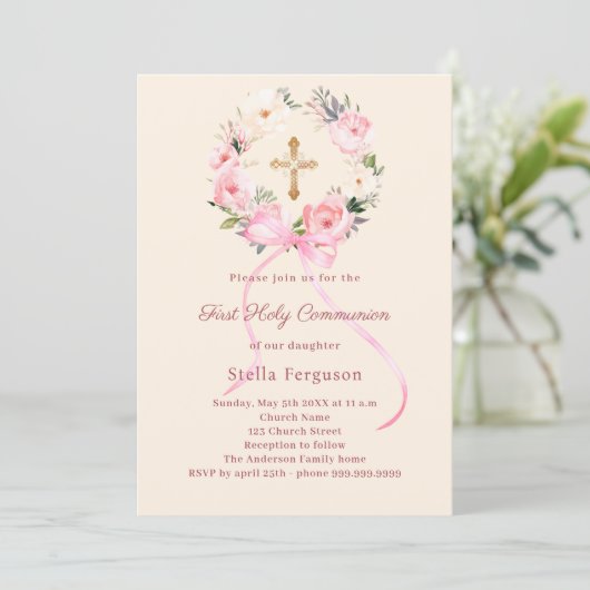 Invitation Ivory blush florals bow cross First Communion (Debout devant)