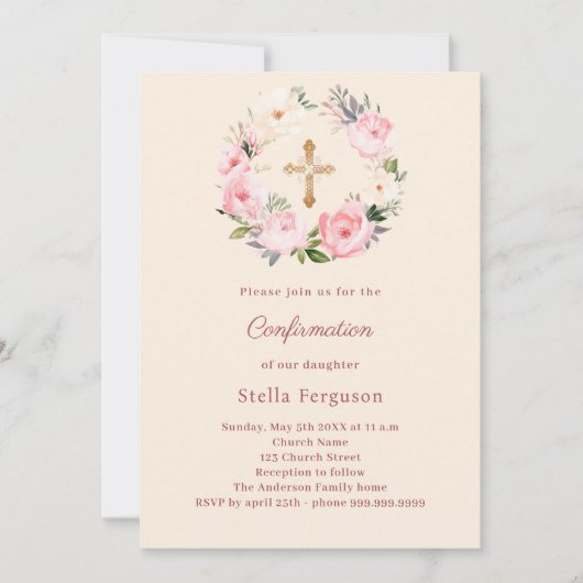 Invitation Ivory blush florals cross Confirmation (Devant)