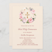 Invitation Ivory blush florals cross First Communion (Devant / Derrière)