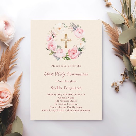 Invitation Ivory blush florals cross First Communion