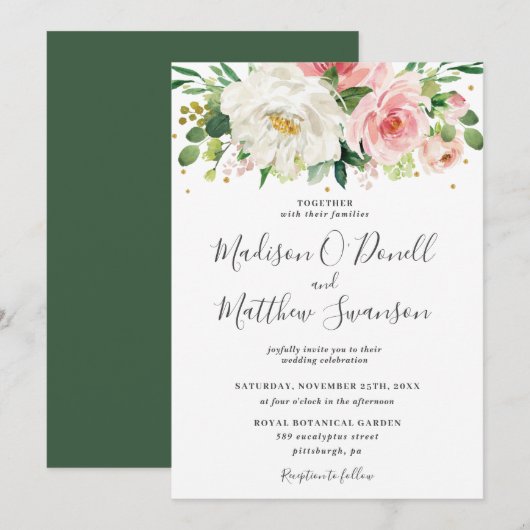 Invitation Ivory Blush rose Floral Mariage (Devant / Derrière)