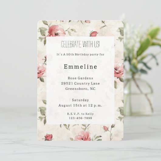 Invitation Ivory Blush Rose Roses Florales Anniversaire (Debout devant)