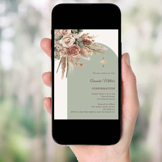 Invitation Ivory blush roses sage green arch Confirmation