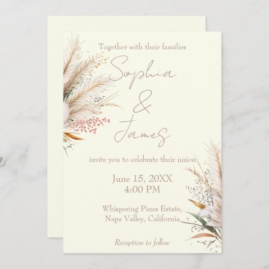 Invitation Ivory Boho Pampas Mariage en herbe (Devant / Derrière)