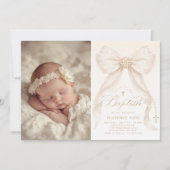 Invitation Ivory Bow Pearls Elegant photo Baptism (Devant)
