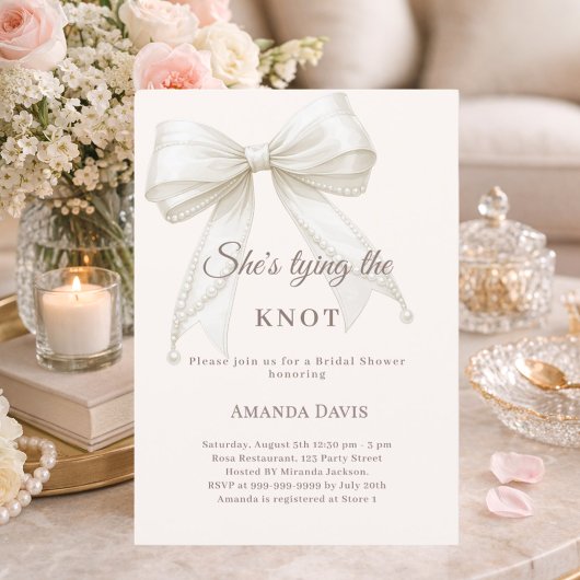 Invitation Ivory bow pearls knot elegant Bridal Shower