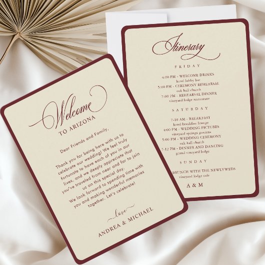 Invitation Ivory Burgundy Border Retro Wedding Itinerary Card