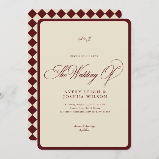 Invitation Ivory & Burgundy Checkered Border Retro Wedding (Devant / Derrière)