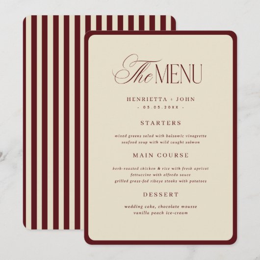 Invitation Ivory Burgundy Stripes Border Wedding Menu Card (Devant / Derrière)