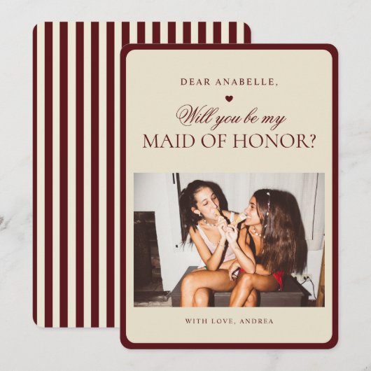 Invitation Ivory Burgundy Stripes Maid of Honor Proposal Card (Devant / Derrière)