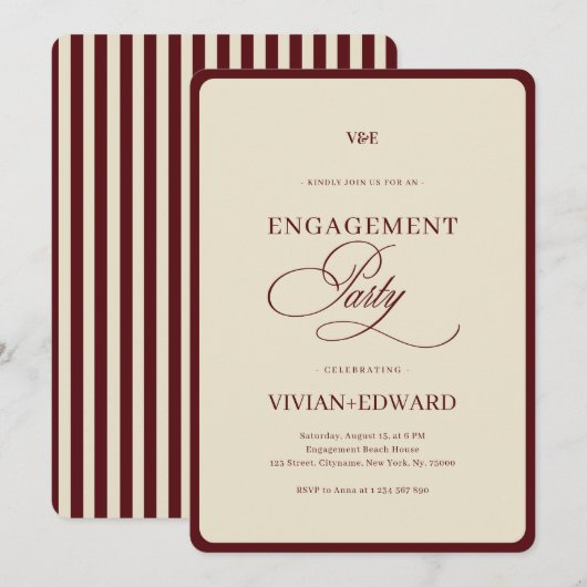 Invitation Ivory & Burgundy Stripes Retro Engagement Party (Devant / Derrière)