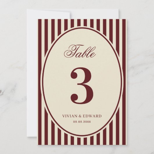 Invitation Ivory Burgundy Stripes Retro Wedding Table Number (Devant)