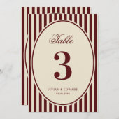 Invitation Ivory Burgundy Stripes Retro Wedding Table Number (Devant / Derrière)
