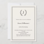 Invitation Ivory charcoal monogrammed wreath birthday (Devant)