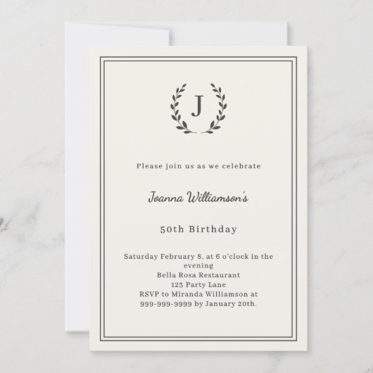 Invitation Ivory charcoal monogrammed wreath birthday (Devant)