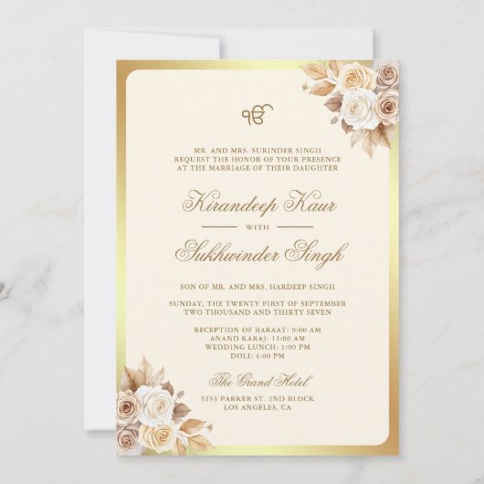 Invitation Ivory Cream Roses Floral Anand Karaj Sikh Mariage (Dos)
