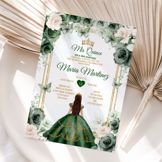 Invitation Ivory & Emerald Green Floral Princess Mis Quince