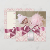 Invitation Ivory et rose Damask Baby Girl Photo Christening (Devant / Derrière)