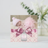 Invitation Ivory et rose Damask Baby Girl Photo Christening (Debout devant)