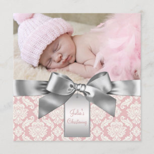 Invitation Ivory et rose Damask Baby Girl Photo Christening