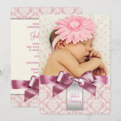 Invitation Ivory et rose Damask Baby Girl Photo Christening (Devant / Derrière)