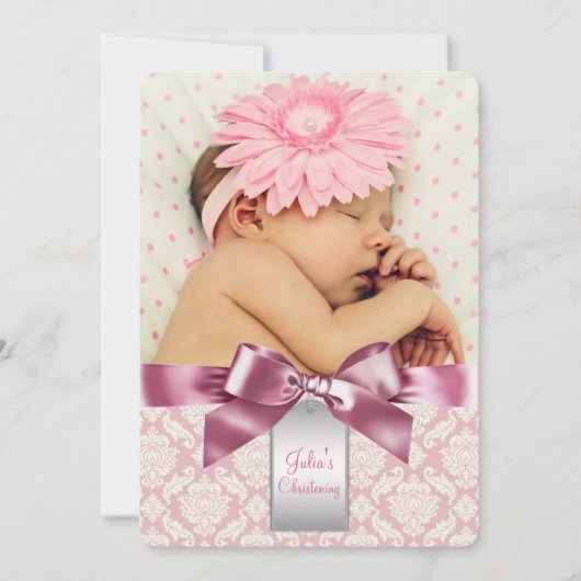 Invitation Ivory et rose Damask Baby Girl Photo Christening (Devant)