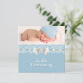 Invitation Ivory Eyelet Ribbon Boys Blue Photo Christening (Debout devant)