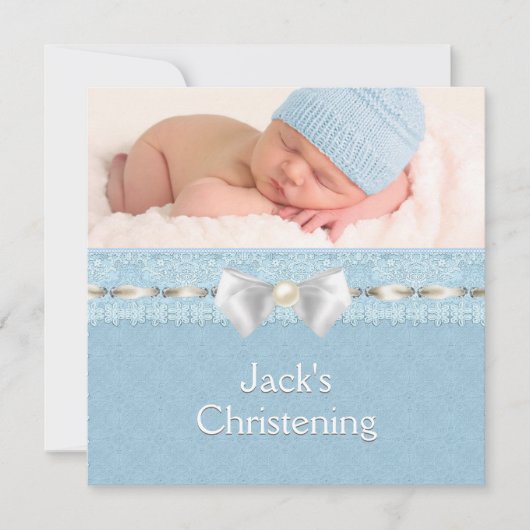 Invitation Ivory Eyelet Ribbon Boys Blue Photo Christening (Devant)