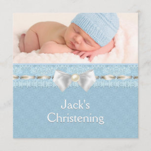 Invitation Ivory Eyelet Ribbon Boys Blue Photo Christening