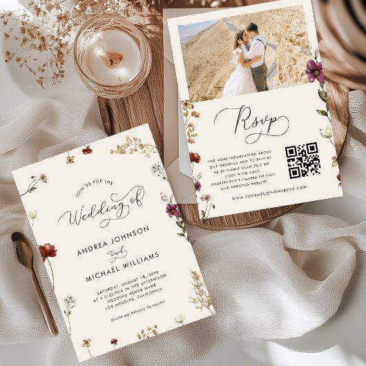 Invitation Ivory Fall Fleur sauvage QR Code Automne Mariage d
