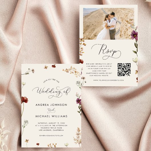 Invitation Ivory Fall Fleur sauvage QR Code Automne Mariage d