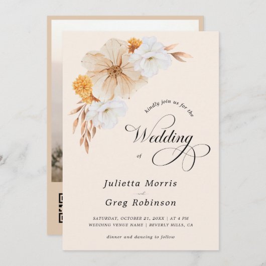 Invitation Ivory Fall Floral Elegant QR Code Mariage photo (Devant / Derrière)