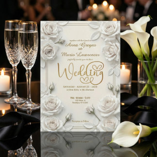 Invitation Ivory Faux Embossed 3D White Rose Floral Wedding 