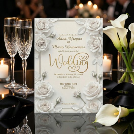 Invitation Ivory Faux Embossed 3D White Rose Floral Wedding 