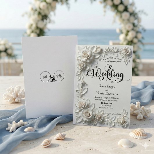 Invitation Ivory Faux Plaster Relief Roses Formal Wedding 