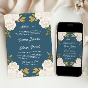 Invitation Ivory Floral or Dusty bleu Mariage musulman