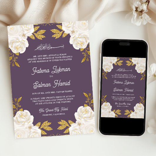 Invitation Ivory Floral or Dusty violet Mariage musulman