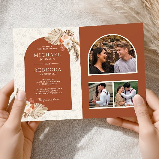 Invitation Ivory Floral Pampas Terracotta Code QR Mariage