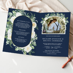 Invitation Ivory Floral Photo Navy Blue QR Code Mariage